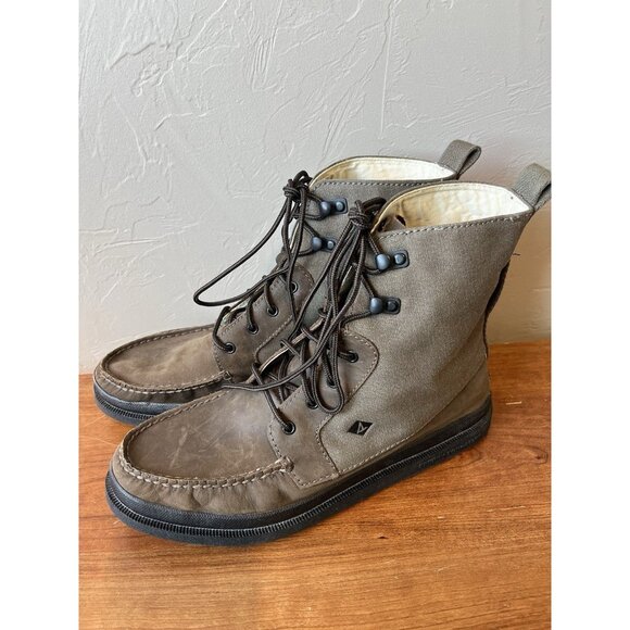 sperry top sider Lace Up Surplus Boots Mens 10 Leather Brown Canvas Military - Picture 1 of 9